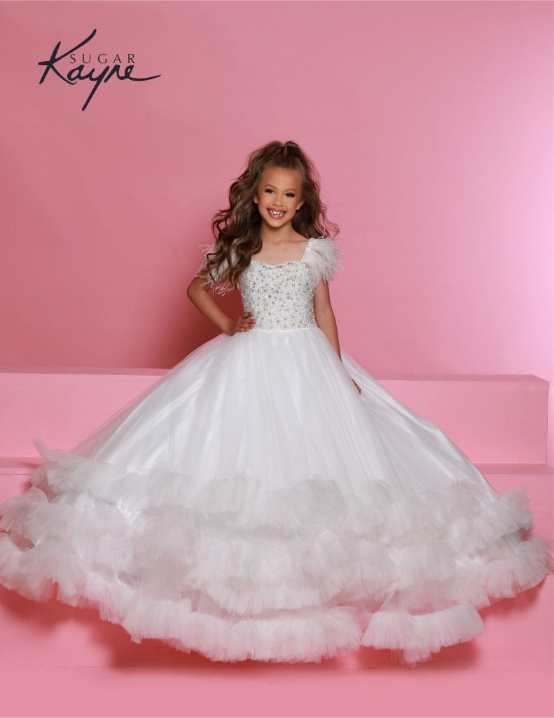 Johnathan Kayne C327 dress, Sugar Kayne children's pageant gown, little girl formal gown with beaded bodice, sleeveless tulle ballgown for kids, designer pageant dresses for children, kids' pageant dresses 2025, elegant little girl evening gowns, girls’ special occasion dresses, children's stage wear for competitions, little girl pageant dress, little girls pageant dress, kids pageant dress, childrens pageant dress, white little girl pageant dress, white children's ballgown, white beaded bodice gown, white feather shoulder dress, white tiered skirt pageant gown